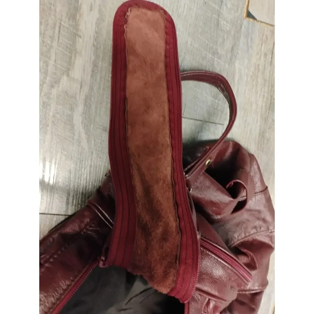 Vtg Carroll Leather Goods Genuine Leather Burgundy Weekender Duffel Travel Bag